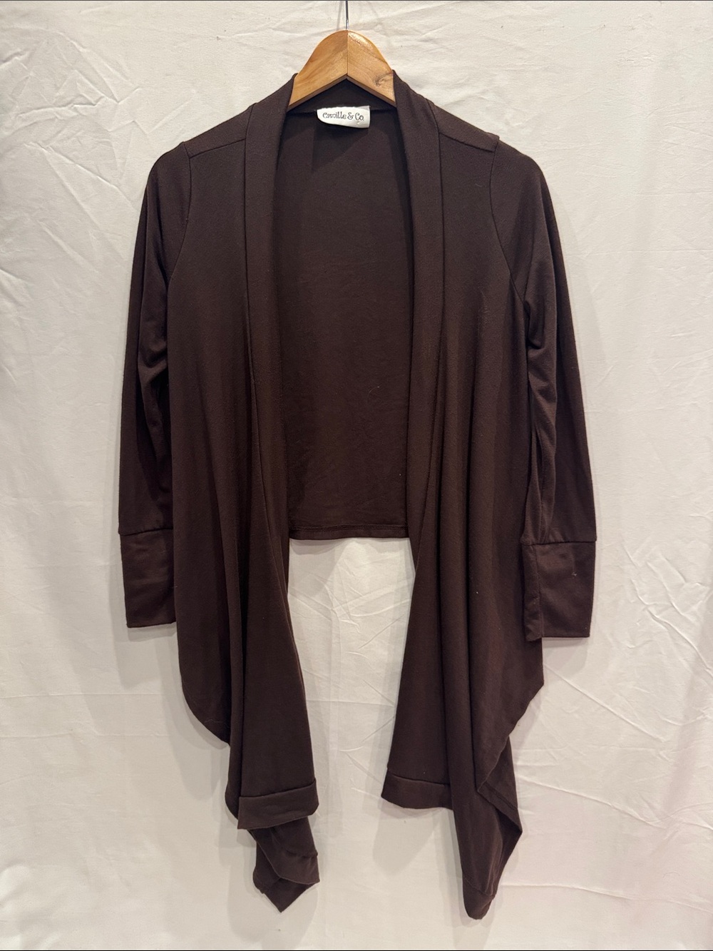 Vintage 90s Dark Brown Draped Open-Front Women's Cardigan Asymmetrical Hem M